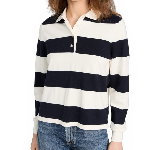 Sweaters - Wyeth Navy White Striped Knit Polo Sweater Cotton Cashmere Womens XS Preppy Top